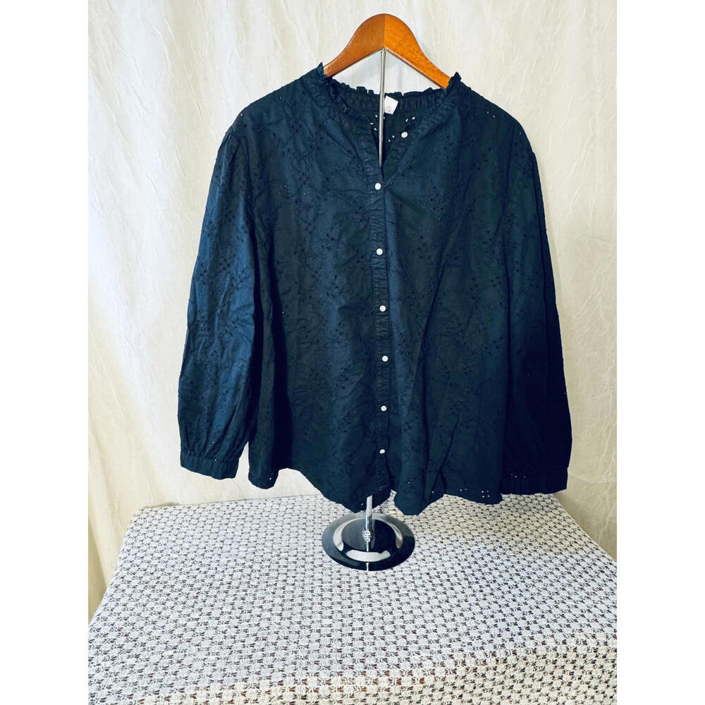 Old Navy Black Eyelet Button-Up Blouse Flowy Long Sleeve 3X